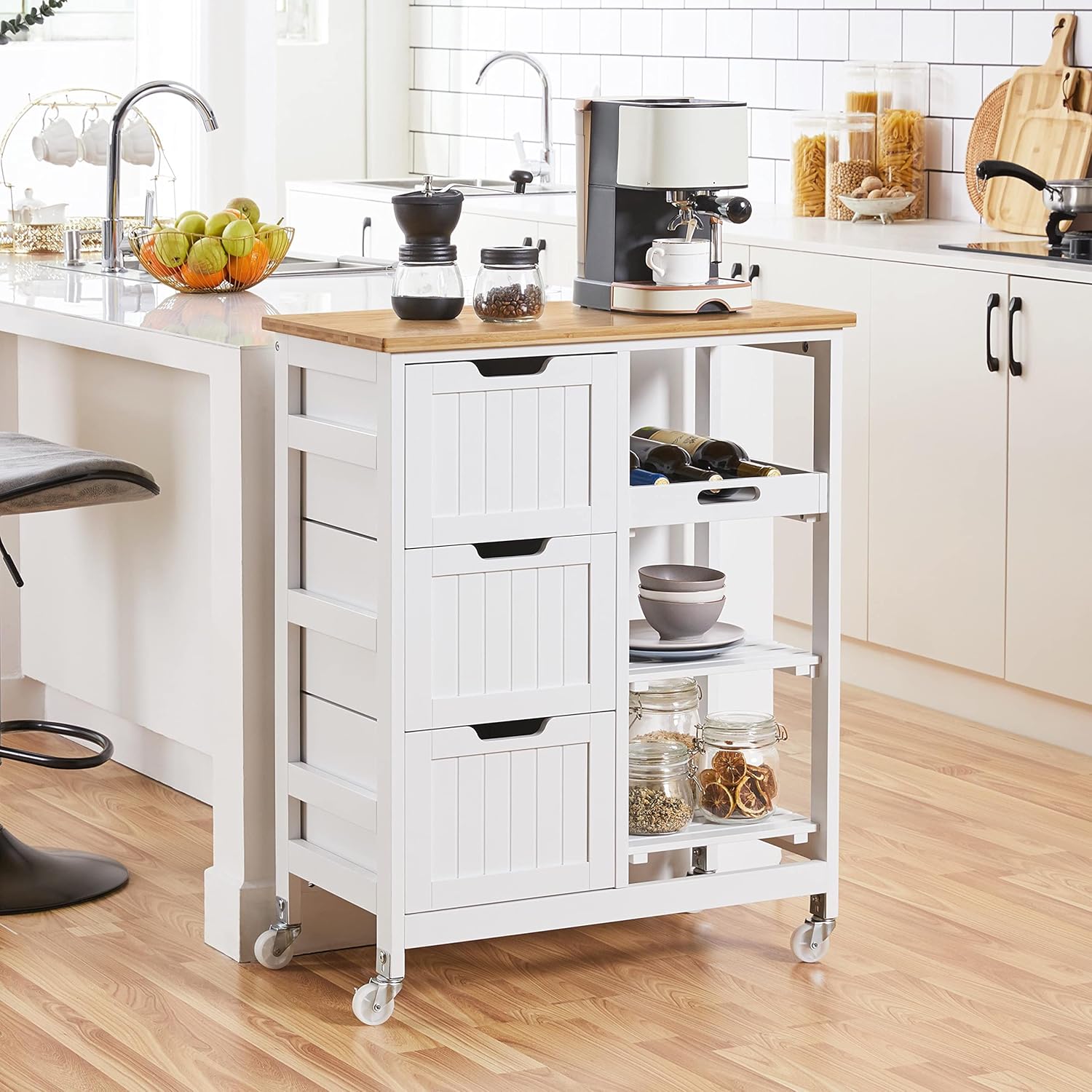 Topeakmart Rolling Kitchen Cart with Drawers and Open Shelves, Kitchen Island Serving Cart with Bamboo Top for Dinning Room, Laundry, White
