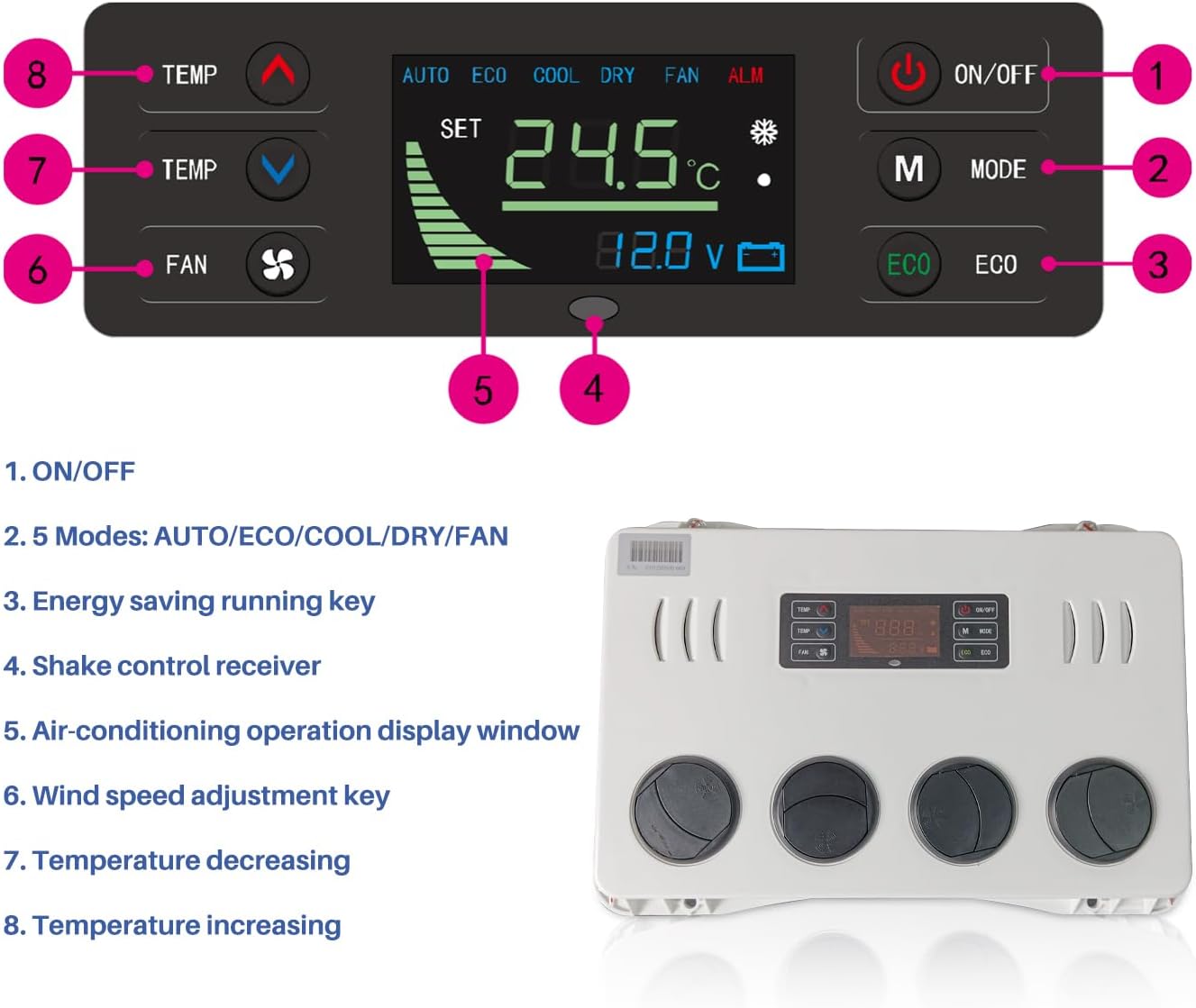 24V rv rooftop air conditioning Electric Parking dc Air Conditioner 24 volt Heating and Cooling 8000BTU Fit for Camper Van Truck Excavator Motorhome Cranes Bus SUV Car