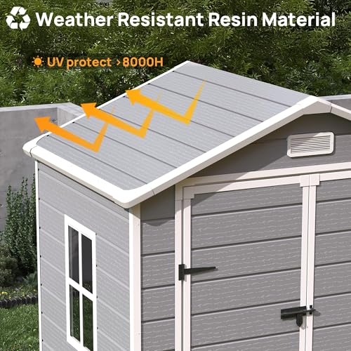 6x6FT Resin Outdoor Storage Shed, Plastic Garden Shed with Floor, Lockable Door & Window, Waterproof Tool Shed for Bike, Garbage Can, Lawn Mower, Patio Furniture Grey White