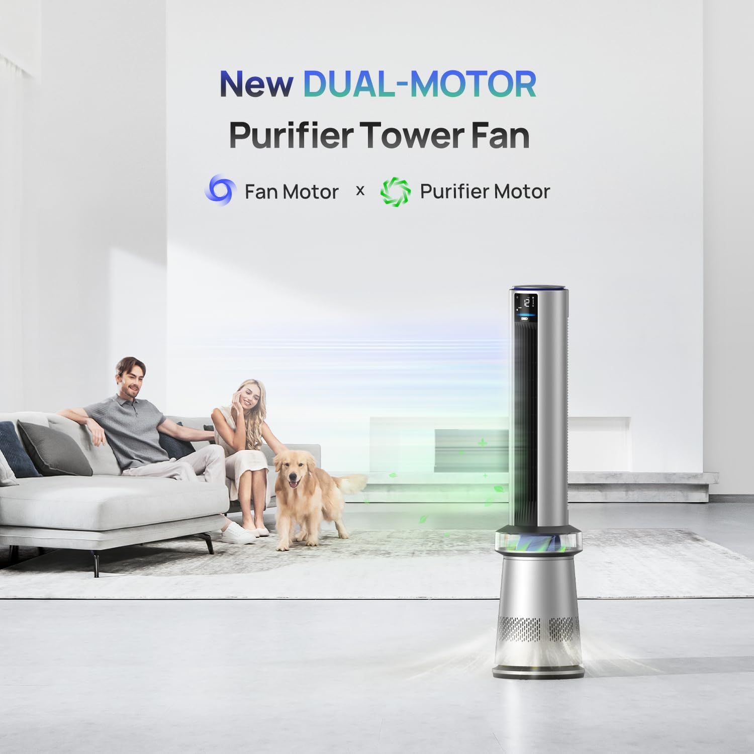Dreo Air Purifier Tower Fan with 45" Oscillation, 27ft/s Airflow, App Control, and Replacement HEPA Filter for Bedroom