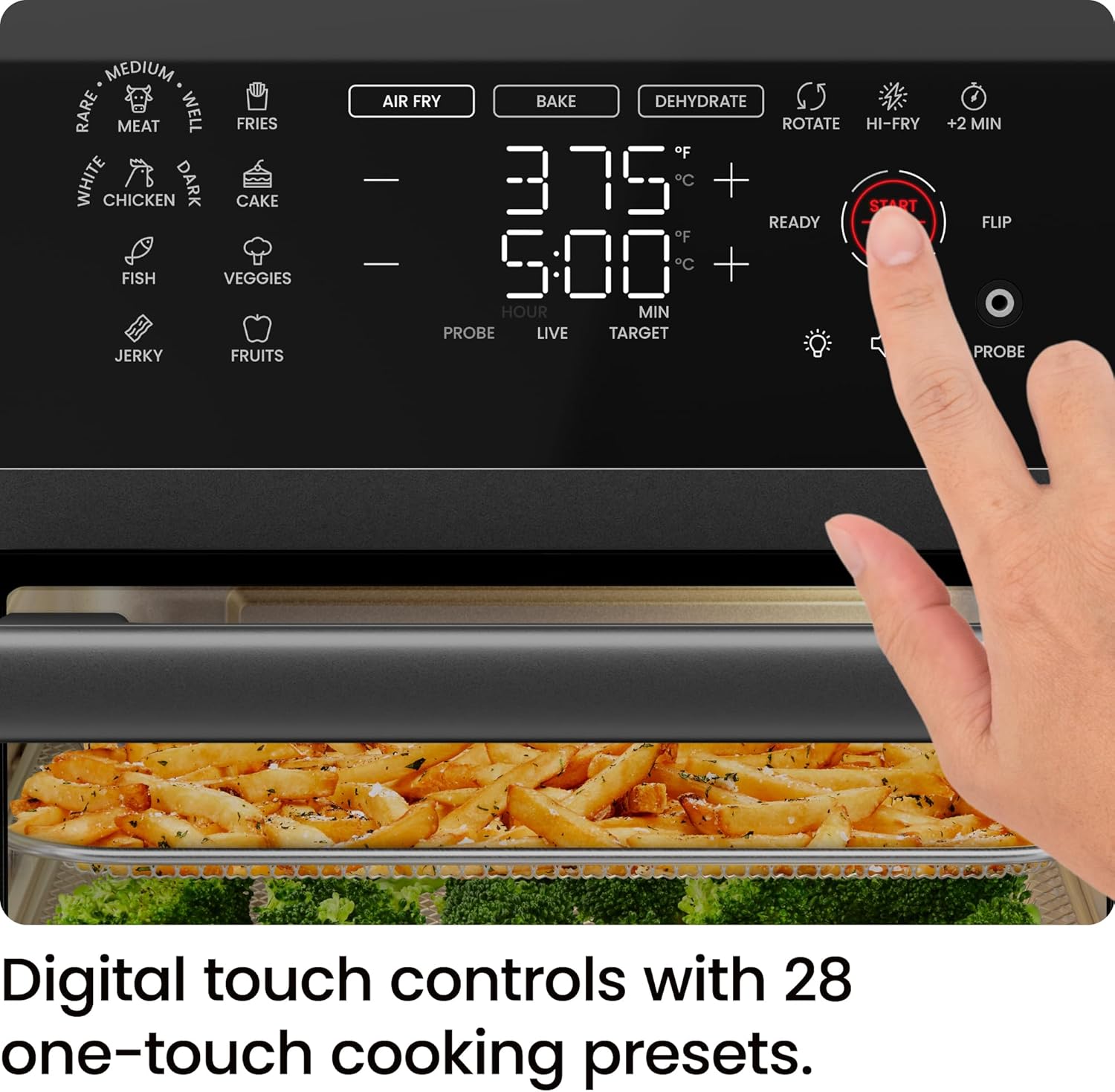 CHEFMAN ExacTemp™ 12 Quart 5-in-1 Air Fryer with Integrated Smart Cooking Thermometer, 28 Touchscreen Presets, Rotisserie, Dehydrator, Bake, XL Convection Oven with Auto Shutoff, Black