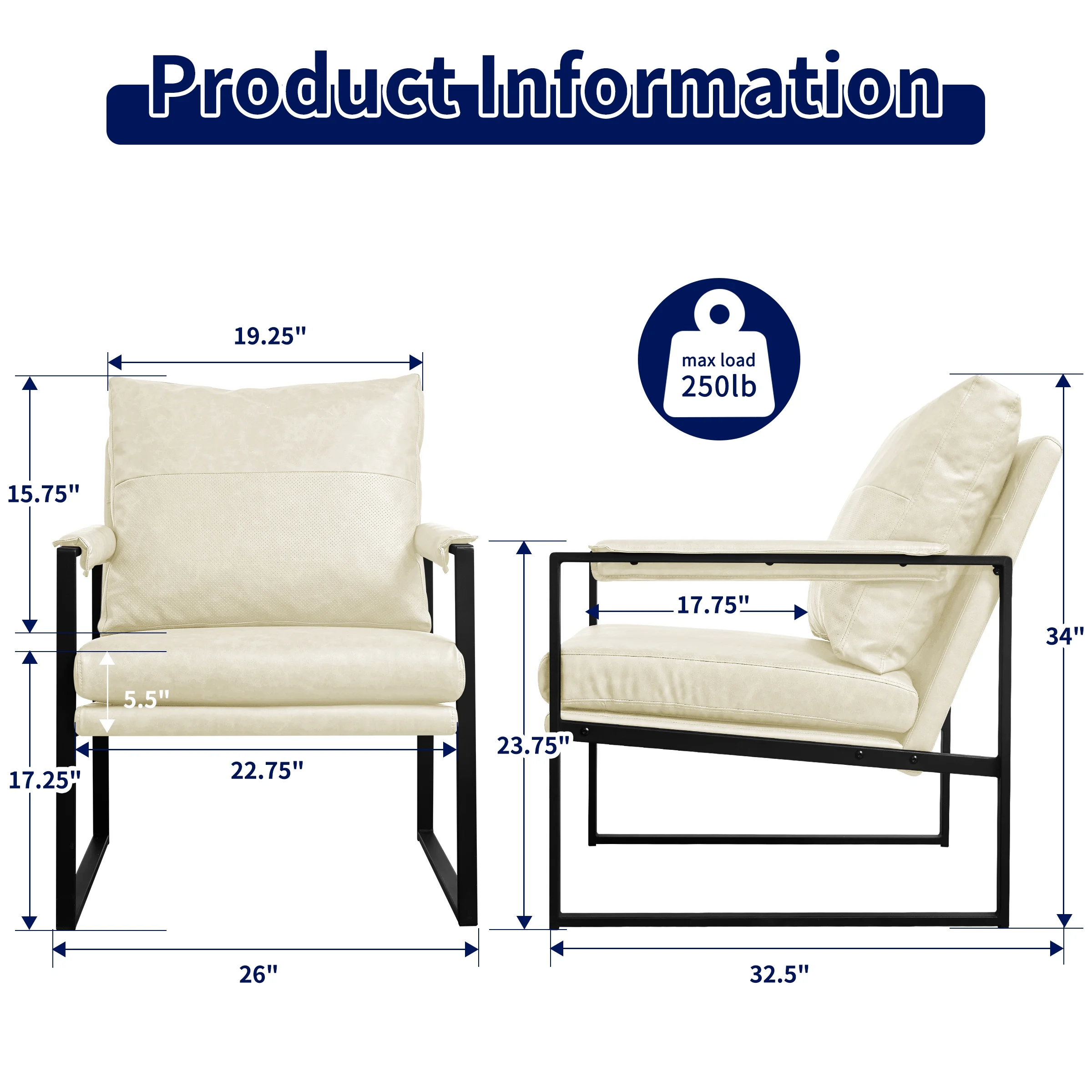 Subrtex Upholstered Modern Accent Chair with Metal Frame, Cream PU Leather
