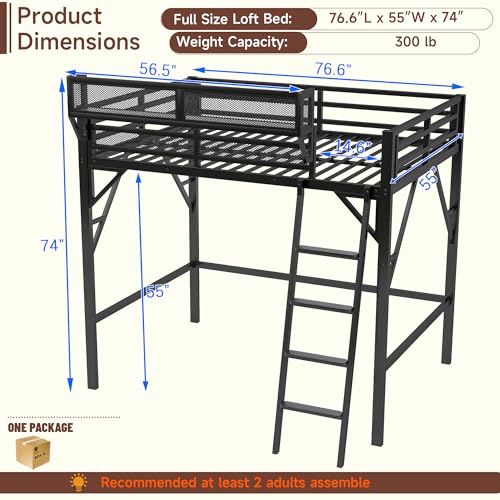 Full Size Loft Bed with Stairs and Storage, Metal Loft Bed Frame with Bedside Shelf and Large Under-Bed Space, Heavy-Duty Bed for Adults Teens and Kids, Black