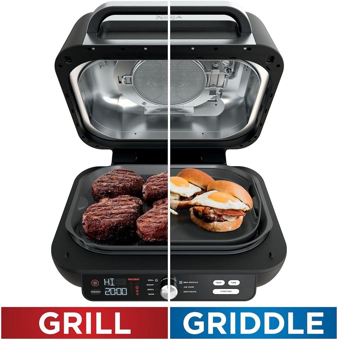 Ninja IG601 Foodi XL 7-in-1 Electric Indoor Grill Combo, use Opened or Closed, Air Fry, Dehydrate & More, Pro Power Grate, Flat Top Griddle, Crisper, Black, 4 Quarts