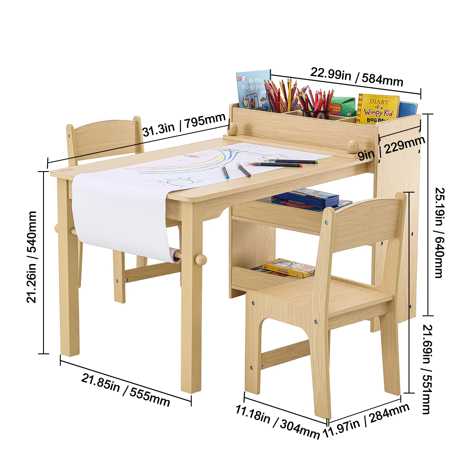 SKYSHALO 2-in-1 Kids Art Table and 2 Chairs Toddler Craft Set and Wooden Play Activity Drawing Table with A Cabinet Paper Roll Storage Bins