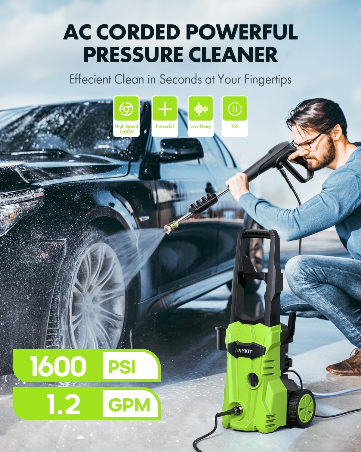 Electric Pressure Washer Power Washers - Anykit 1600 PSI Power Washers Electric Powered Max 1.2 GPM with 4 Quick Connected Nozzles,Water Pressure Washer for Cleaning Car Patio deck Outdoors