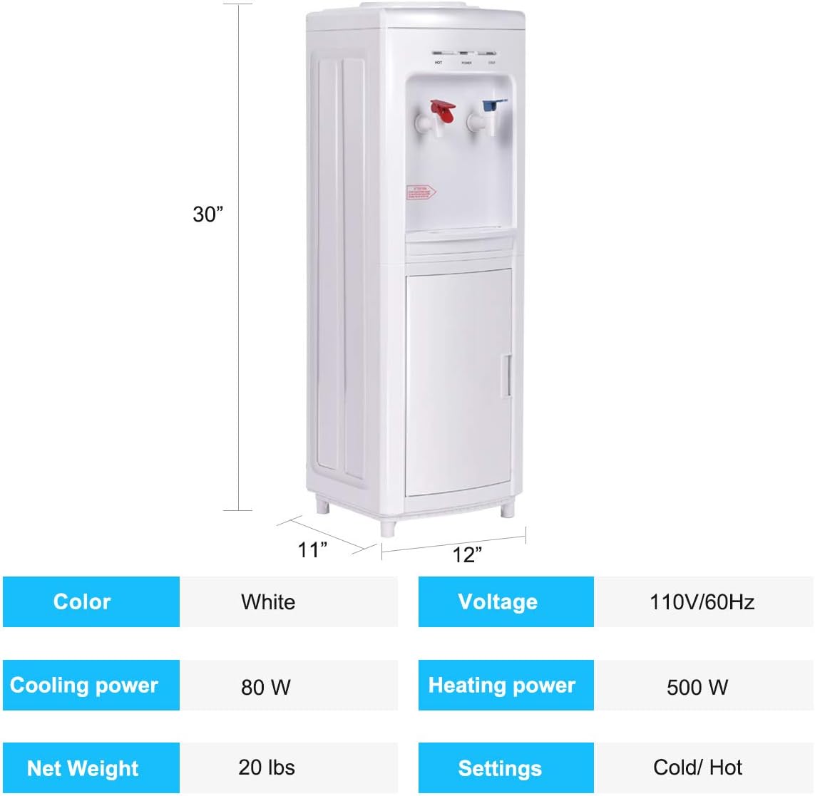 COSTWAY Water Cooler Dispenser for 3-5 Gallon Bottle, Top Loading Hot and Cold Water Dispenser with Storage Cabinet, Child Lock, Water Cooler with Compression Refrigeration Technology, White