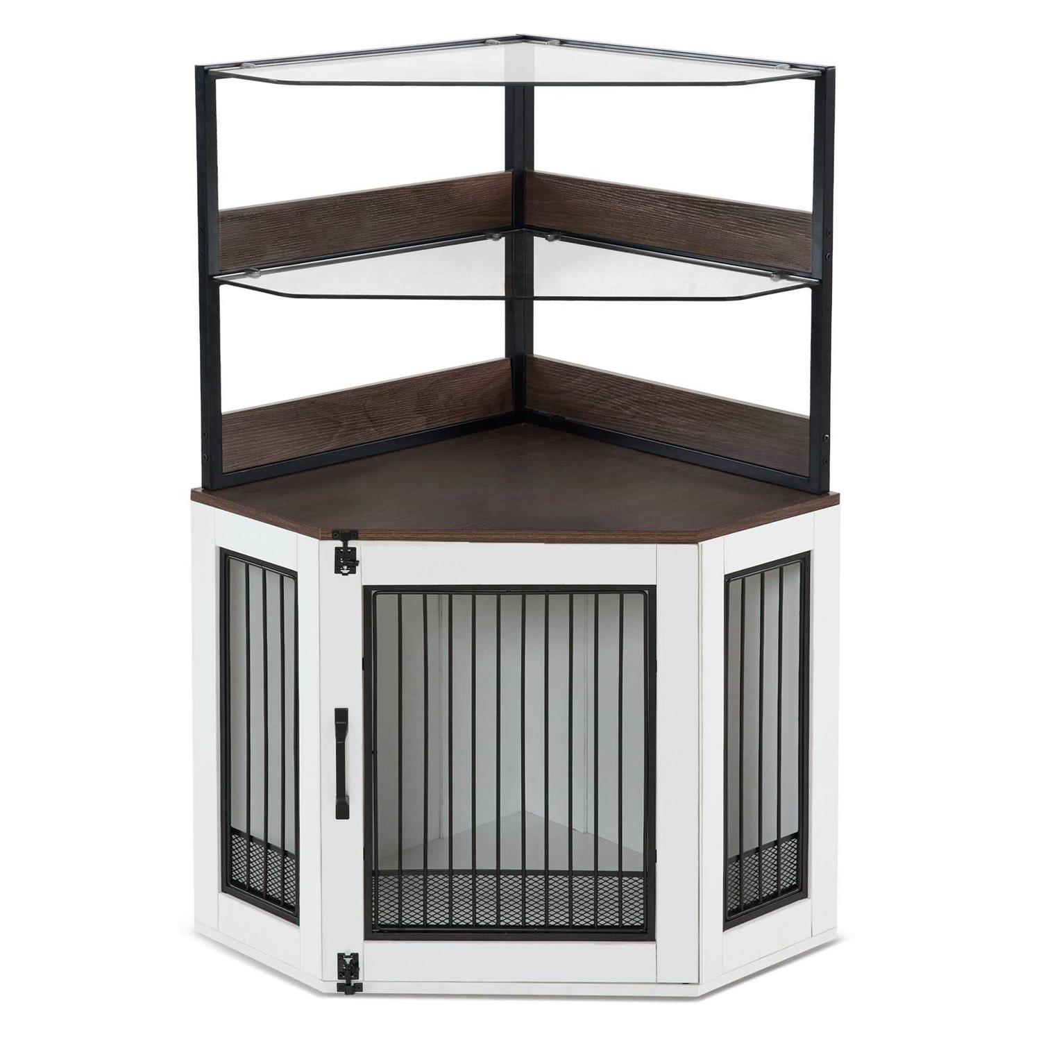 MCombo Corner Dog Crate Furniture with Glass Shelves Wooden Dog Kennel Furniture with Door - Pet Supplies online store