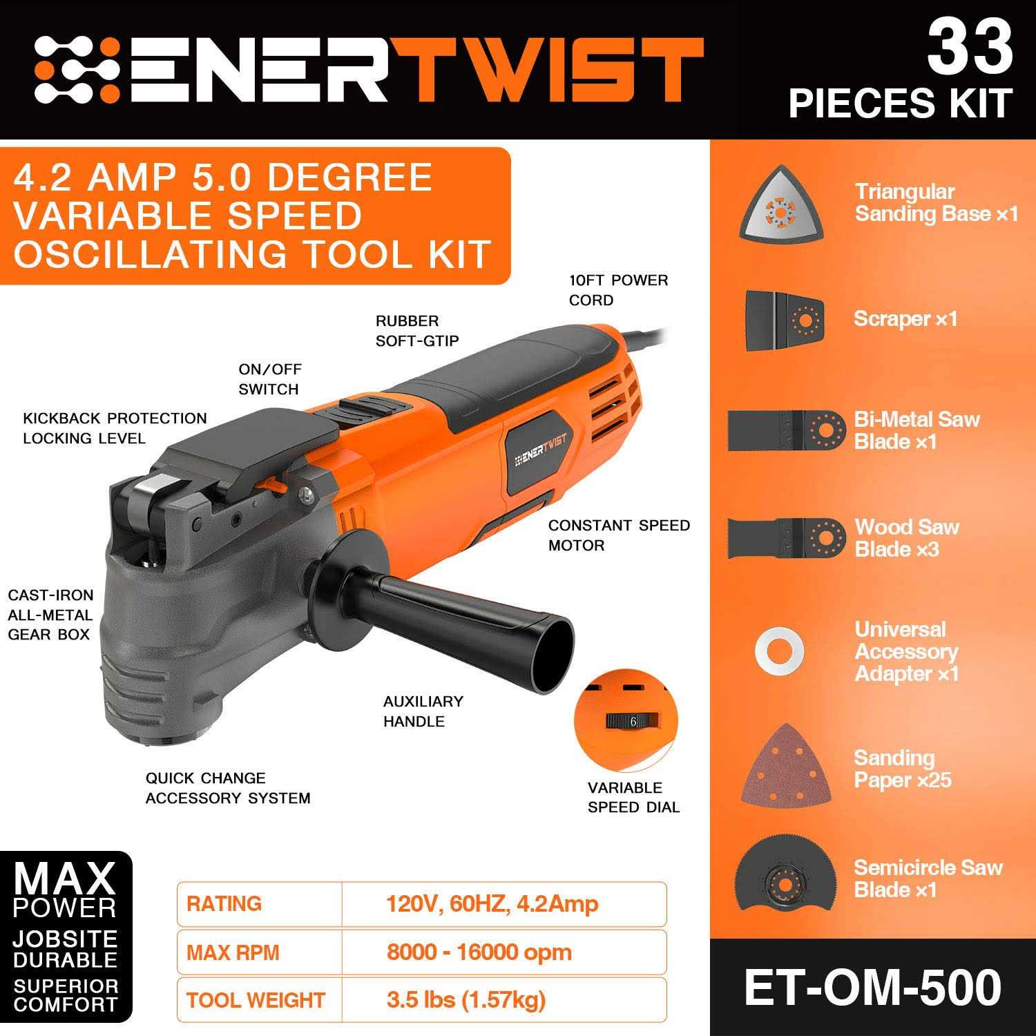 ENERTWIST Oscillating Tool 4.2 Amp Oscillating Multitool Kit with 5° Oscillation Angle - Shop Hardware Tools Online Store