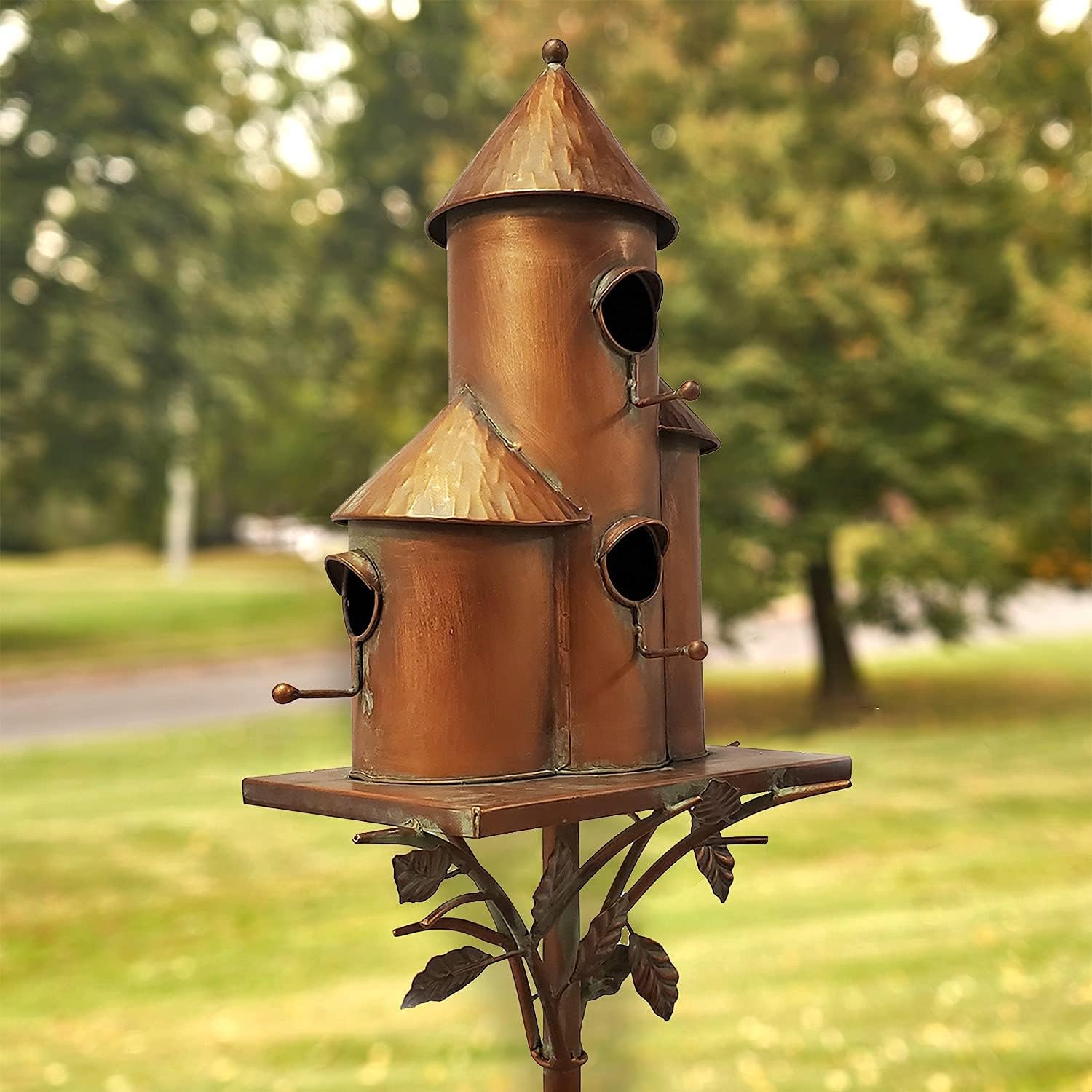 Zaer Ltd. Large Copper Colored Multi-Birdhouse Stakes, Room for 4 Bird Families in Each (Castle Home)