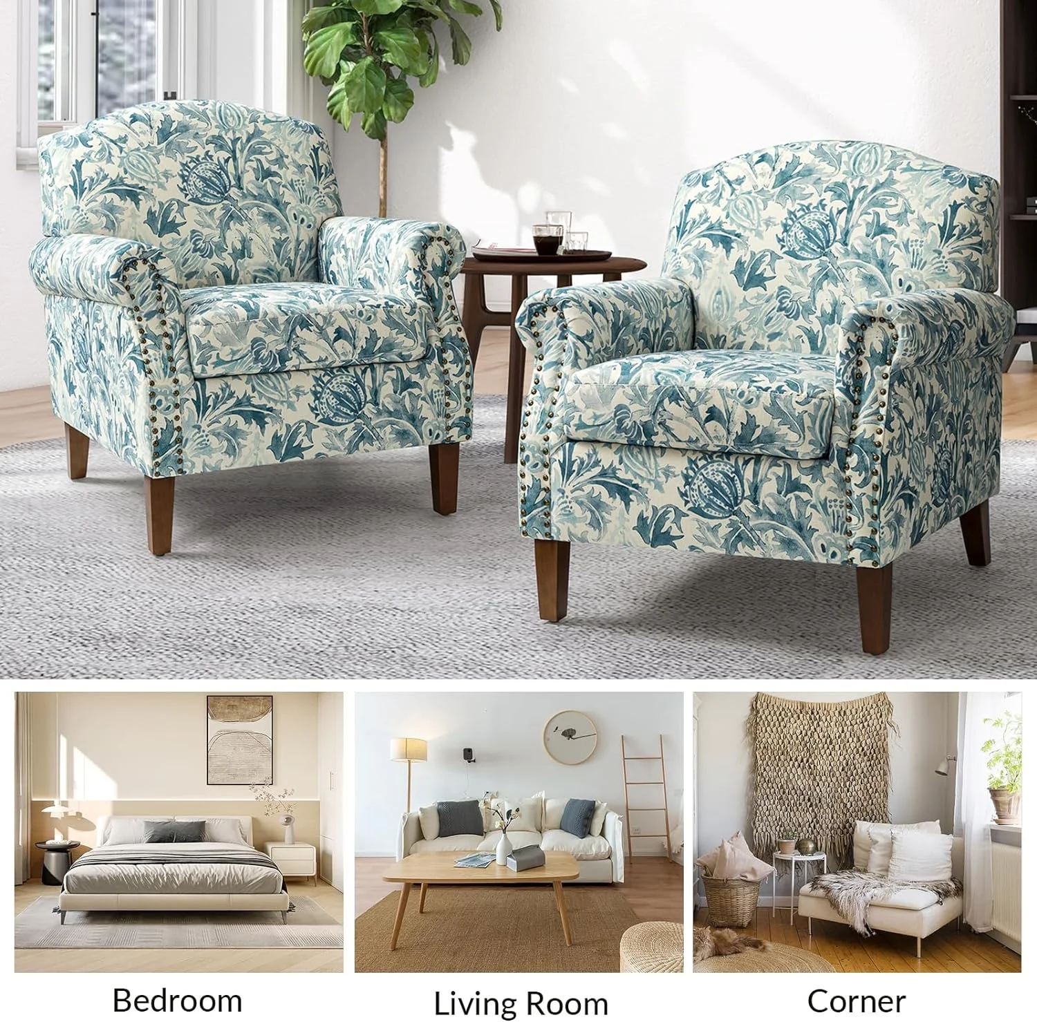 Modern Accent Chair With Wood Legs & Removable Cushion, Comfy Upholstered Armchair Nailhead Trim, Floral Design Single Sofa Cozy Club Chair For Living Room Bedroom Reading Office, Aegean