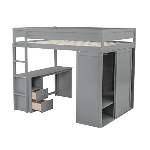 Full Size Loft Bed with Storage Wardrobe and Desk Wooden Loft Beds Frame with Drawers and Cabinet Wood High Loft Beds with Ladder for Kids Teens Adults, White