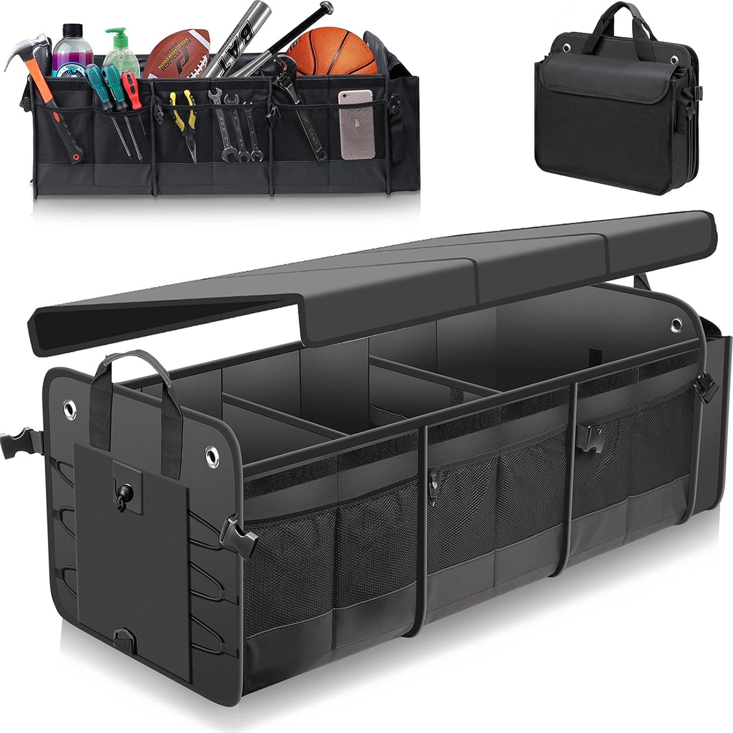 Large Trunk Organizer with Removable Cooler Bag-Collapsible Durable Multi Compartments w/ Foldable Cover, Non Slip Bottom Cargo Storage Suitable for Any Car, SUV, Truck, or Van(3 compartments,Gray）