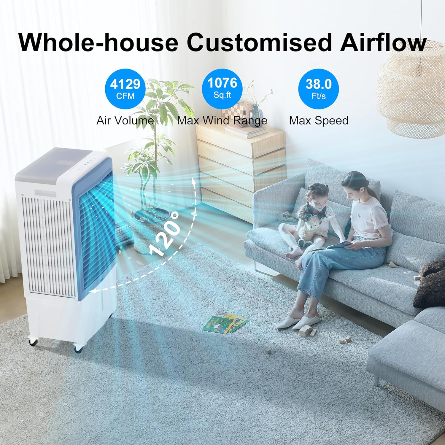 Swamp Cooler, 4129CFM Evaporative Air Cooler with 12.7-Gal Water Tank, Evaporative Cooler with Water Level Alarm, Silver Ion, 12H Timer, Air Cooler for Indoor Outdoor Garage Patio Use(47IN)