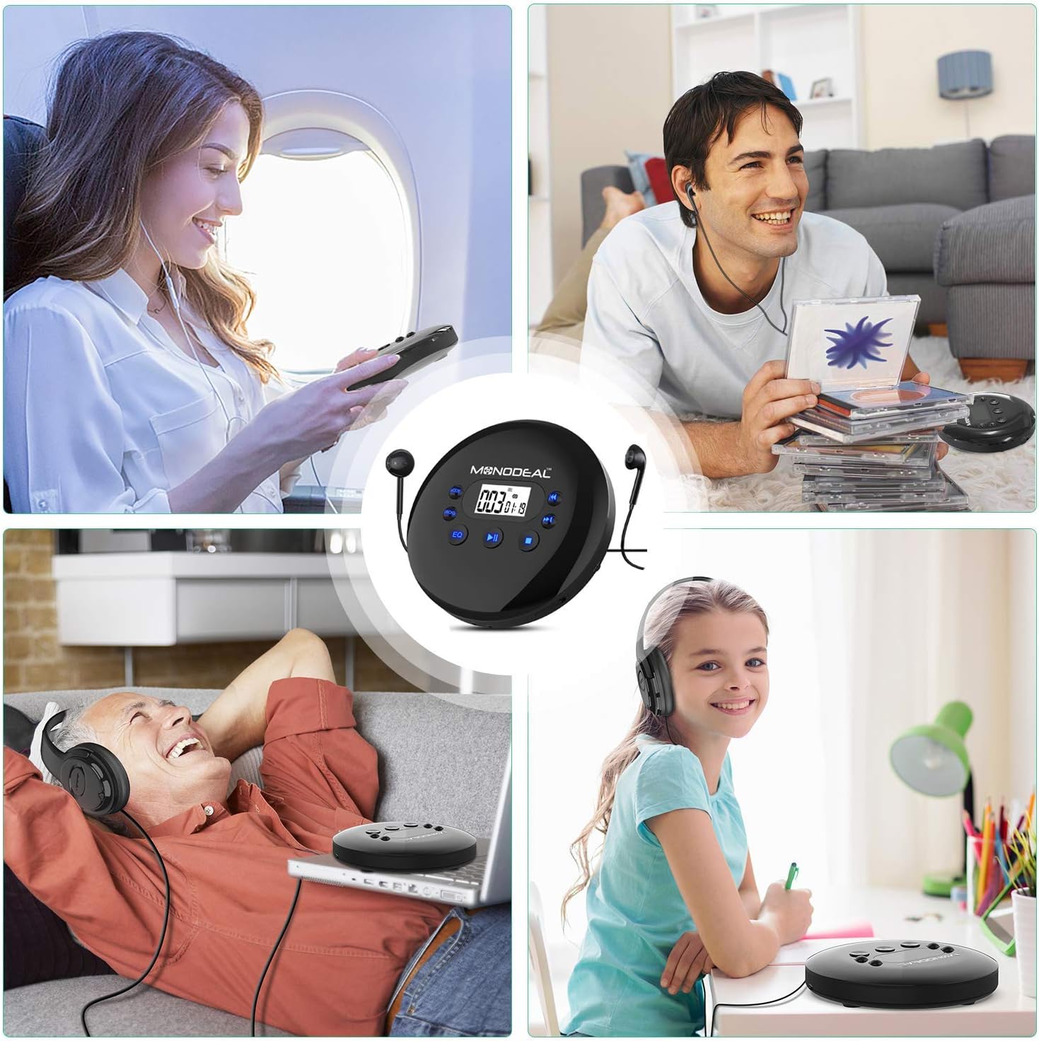 Portable CD Player, MONODEAL Rechargeable Personal Compact Disc CD Player with Headphones, Anti-Skip Small Walkman Music CD Player for Cars Adults Kids Students (with Larger LCD Display)