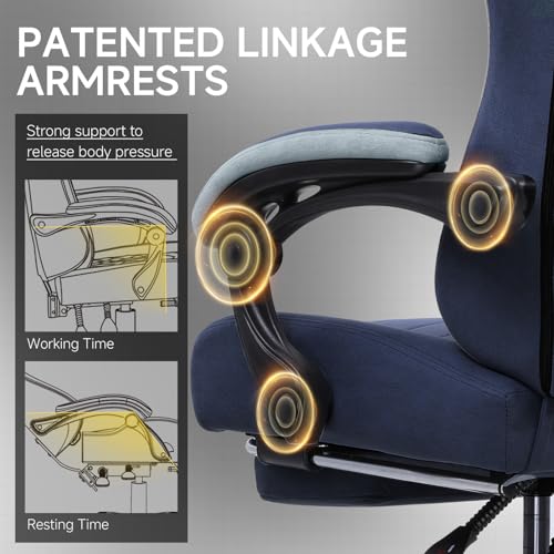 GTPLAYER Office Chair, Gaming Computer Desk Fabric Chair with Footrest, High Back Ergonomic Office Chair with Pocket Spring Lumbar Support and Linkage Armrests Adjustable Height Swivel for Home Task