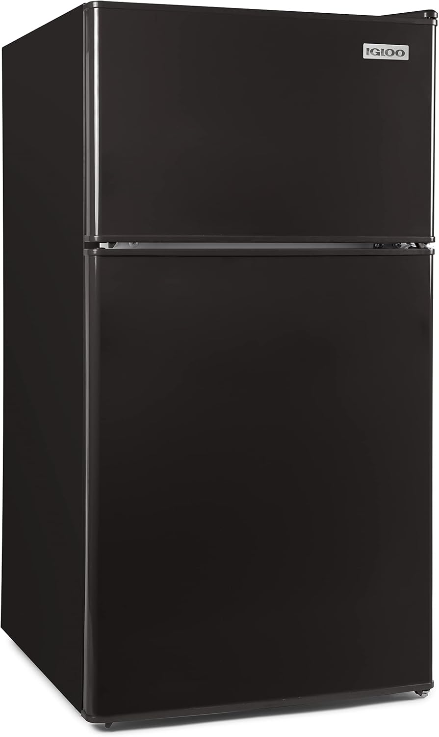 Igloo 3.2 Cu. Ft. Double Door Refrigerator with Freezer, Adjustable Temperature Control Down to 32 Degrees, Removable Glass Shelves, Perfect for Homes, Offices, Dorms, Apartments, Garages, Black