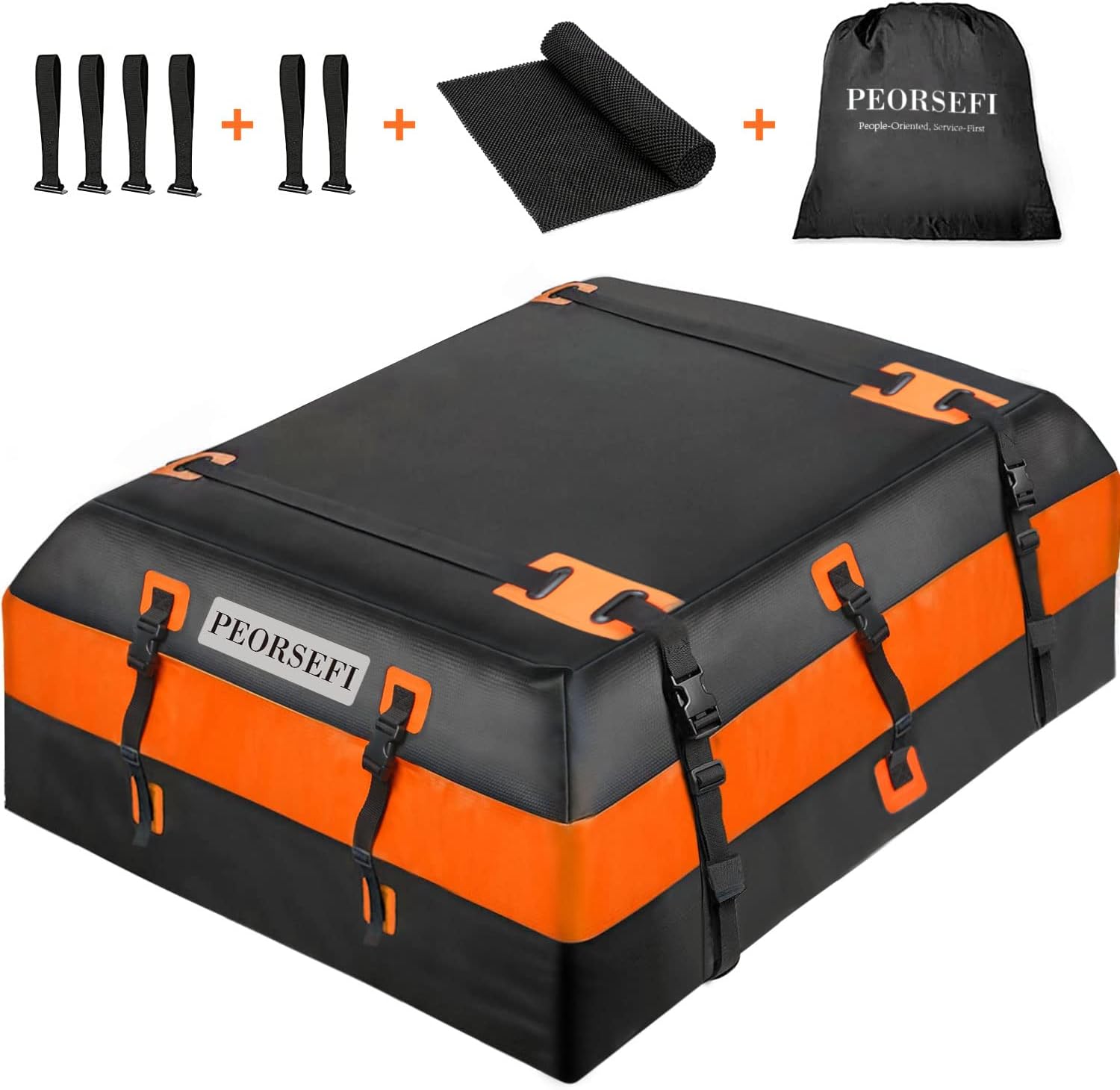 Rooftop Cargo Carrier Bag - 15 Cubic Feet PEORSEFI Waterproof Car Roof Bag for Cars with Racks or Without Racks Includes 6 Door Hooks, Roof Protective Mat, Storage Bag (15 Cubic Feet, Black-Blue)