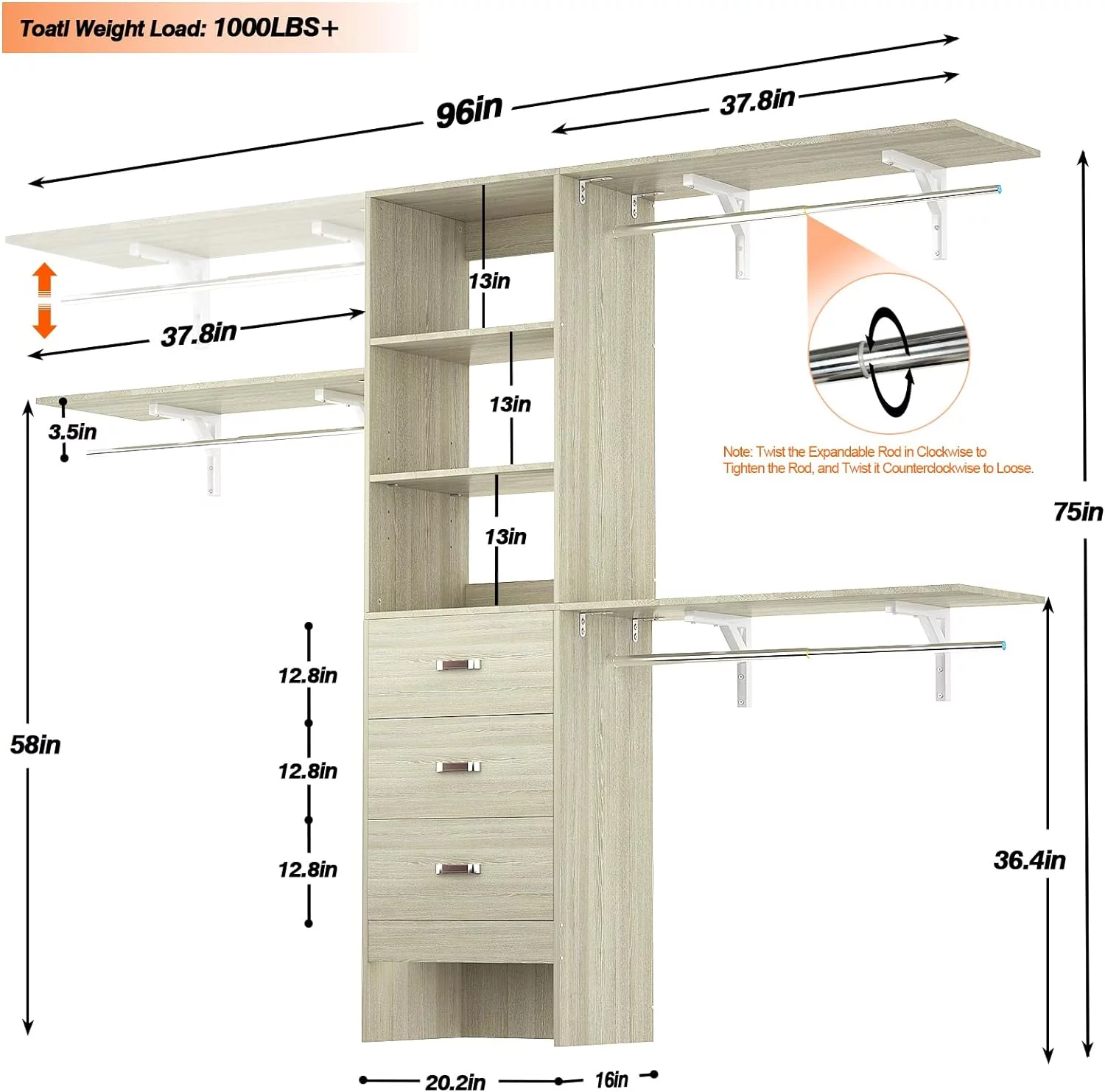 Homieasy 96 Inches Closet System, 8FT Walk In Closet Organizer with 3 Shelving Tower, Heavy Duty Clothes Rack with 3 Drawers, Built-In Garment Rack, 96" L x 16" W x 75" H, Max Load 1000 LBS, White Oak - Curated Treasures Market