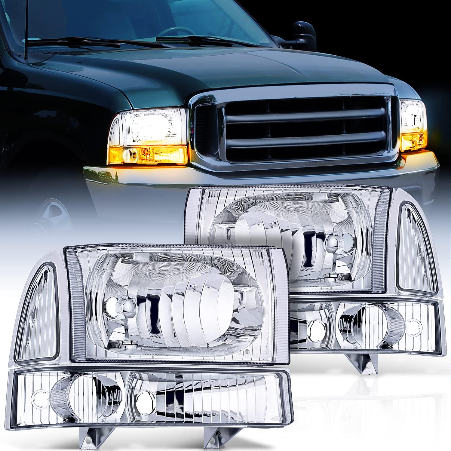 Nilight Headlight Assembly Replacement 1999 2000 2001 2002 2003 2004 F250 F350 F450 F550 Super Duty Black Housing Amber Corner Clear Lens,Headlights Assembly,4 Pack