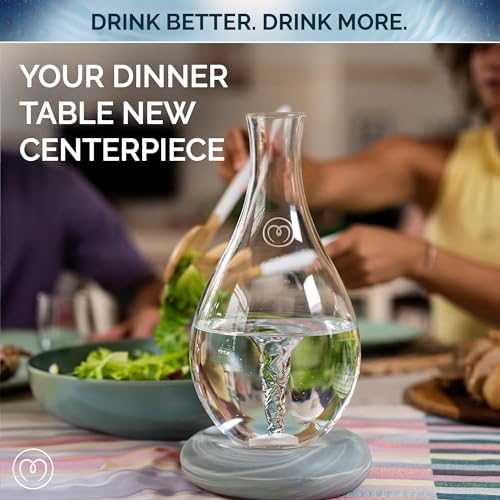 MAYU Swirl Structured Water Pitcher - Innovative Vortex Technology - Handblown. Reverse Osmosis Filter Complementary. Aerating Dispenser Stand 1.5 Liter | 51Oz Design Dining Glass Jug (Graystone Base)