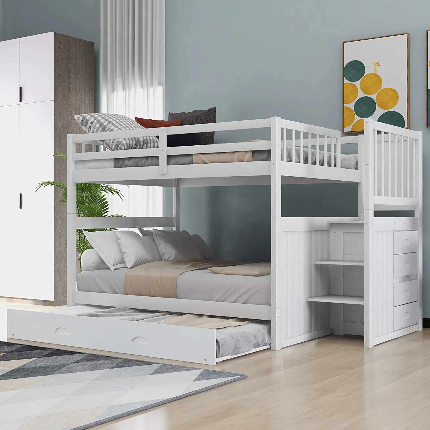 Full Over Full Bunk Bed With Trundle And Storage Drawers, Solid Wooden Bunk Bed Frame With Staircase, Safety Guardrail For Kids Teens Adults, No Box Spring Needed (White) - Curated Treasures Market