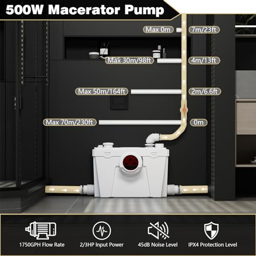 Macerator Sewerage Sump Pump with 4 Water Inlets for Toilet, Basement, Kitchen, Sink, Shower, Bathtub Waste Water Disposal Upflush Toilet System