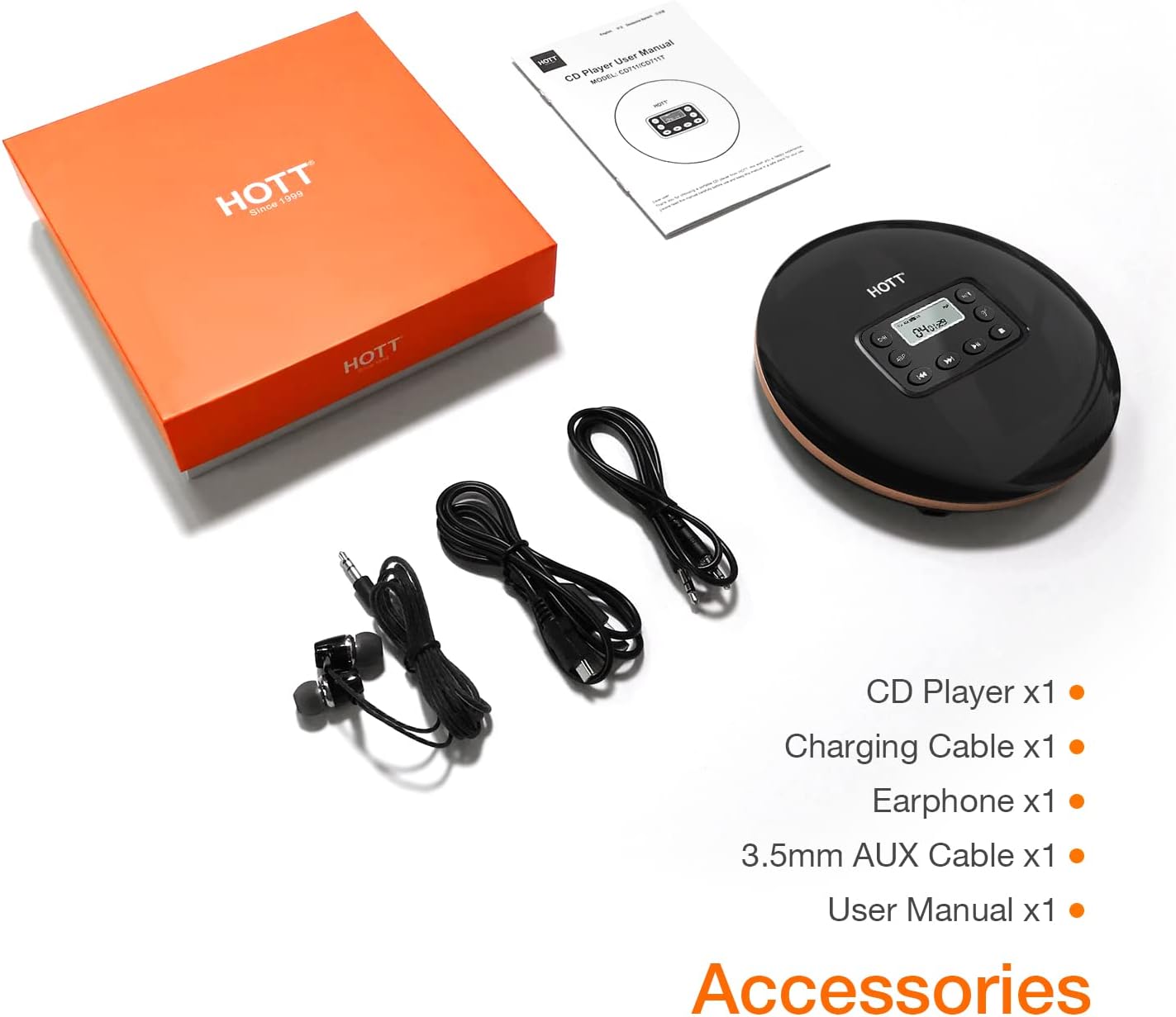 HOTT CD711T Bluetooth Rechargeable Portable CD Player for Home Travel and Car with Stereo Headphones and, Anti Shock Protection-Black
