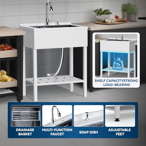 Stainless Steel Utility Sink,24" FreeStanding Laundry&Utility Room Sinks with Cold and Hot Water Faucet,Hoses and Drain Kit Commercial Single Bowl,Laundry Sink for Kitchens, Garage (24x18x36 Black)