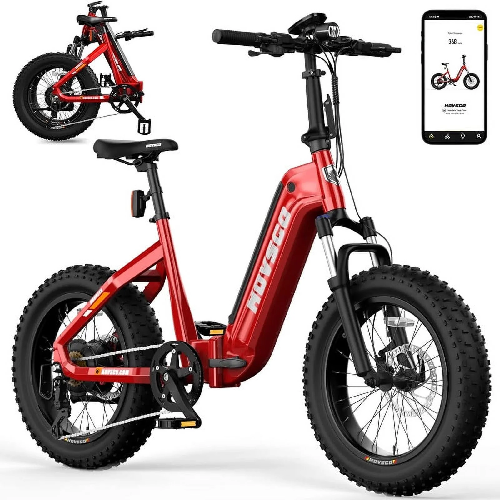 HOVSCO Folding Electric Bike, 750W Step-Thru 20 inch Fat Tire Ebike, 28 MPH, 48V 15Ah Removable Battery, Dual Hydraulic Suspension & Brake, Red - Curated Treasures Market