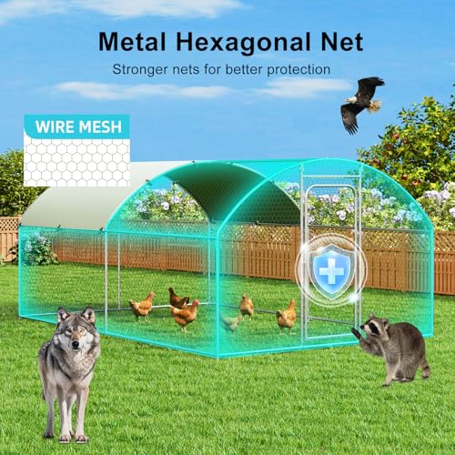 Large Metal Chicken Coop Walk-in Poultry Cage Chicken Run Pen Dog Kennel with Waterproof and Anti-Ultraviolet Cover for Outdoor Farm Use(9.8' L x 19.7' W x 6.4' H)