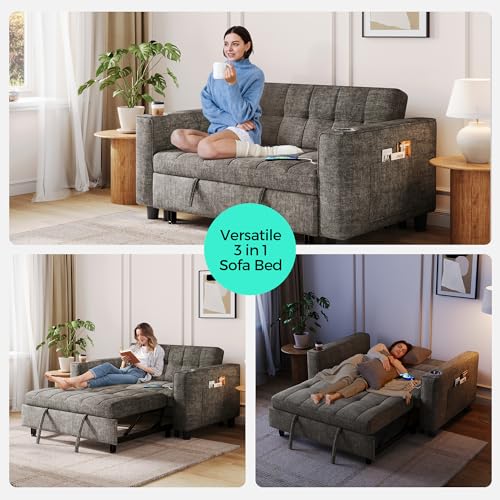 LINSY 3-in-1 Convertible Sofa Bed, 54" Pull Out Sleeper Sofa with Charging Station & Cup Holder, Small Folding Loveseat with Side Pocket for Small Space, Corduroy Couch, Green