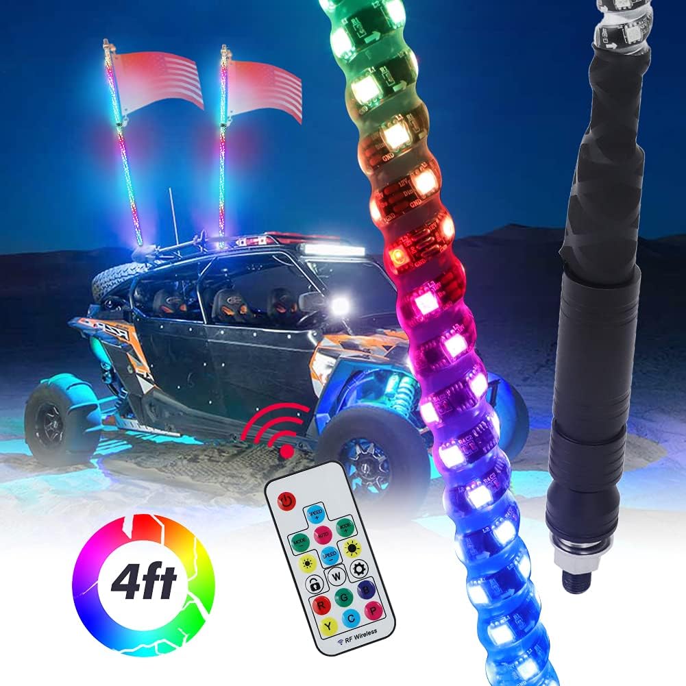 AUTOVIC Spiral LED Whip Lights, 2pcs 4FT 360° RGB Whip Light Weatherproof 300 Flash Patterns 358 Modes Chasing Light for RZR Can-Am Polaris UTV ATV Off Road Truck