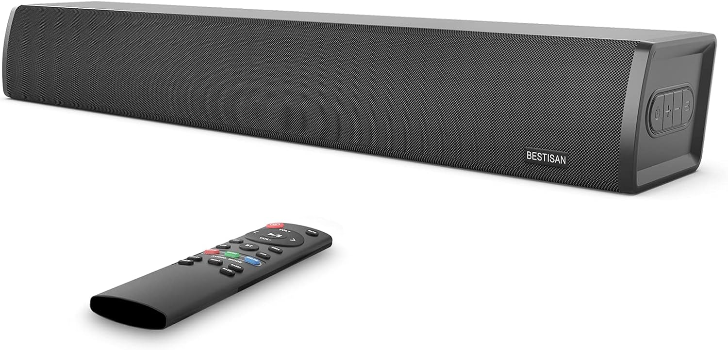 Sound Bar, Bestisan TV Soundbar with Built-in Subwoofer, Wired & Wireless Bluetooth 5.0 Sound Bars, 3 Equalizer Modes Home Audio Speakers, 24-Inch, Bass Adjustable, 80W, Optical/Coax/Aux/USB