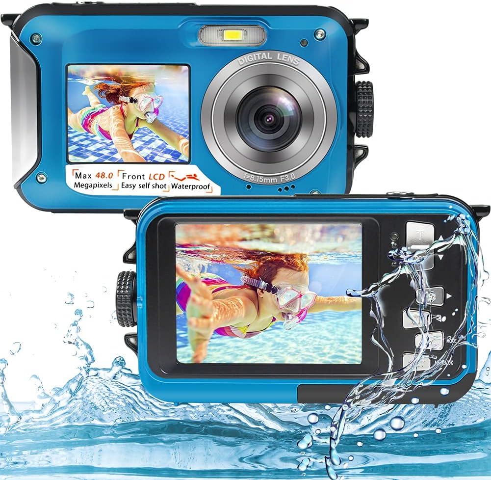 Underwater Camera Full HD 2.7K 48MP Waterproof Camera for Snorkeling Dual Screen Waterproof Camera Digital with Self-Timer and 16X Digital Zoom
