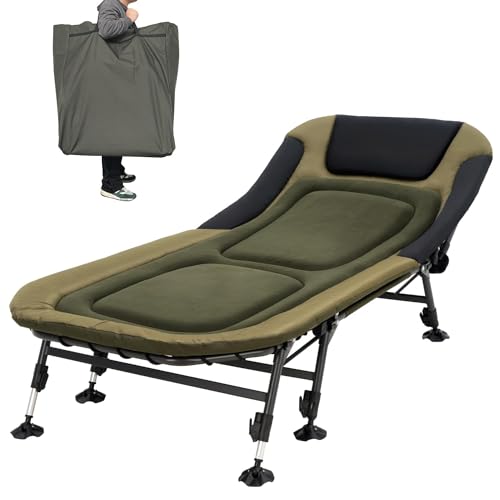 XXL Camping Cots for Adults 330Lbs with Carry Bag, Heavy Duty Folding Bed with Soft Padded Cushion, Portable Military Cot for Hunting, 180° Adjustable Reclining Outdoor Lounger