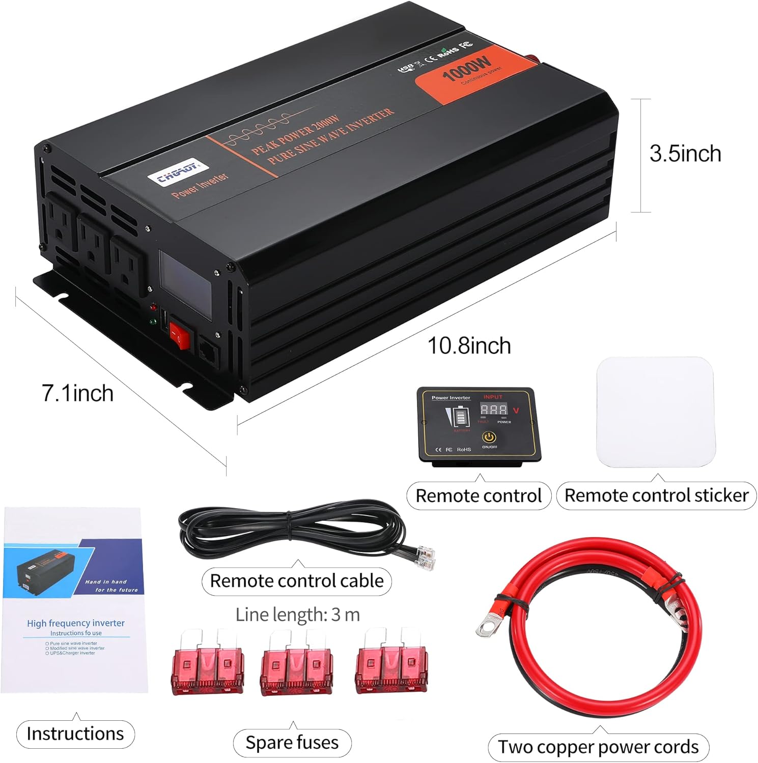 Power Inverter, 2000W Pure Sine Wave Inverter DC 12V to AC 120V Car Inverter with LCD Digital Display Remote Control USB Port Power Converter for Travel/Camping