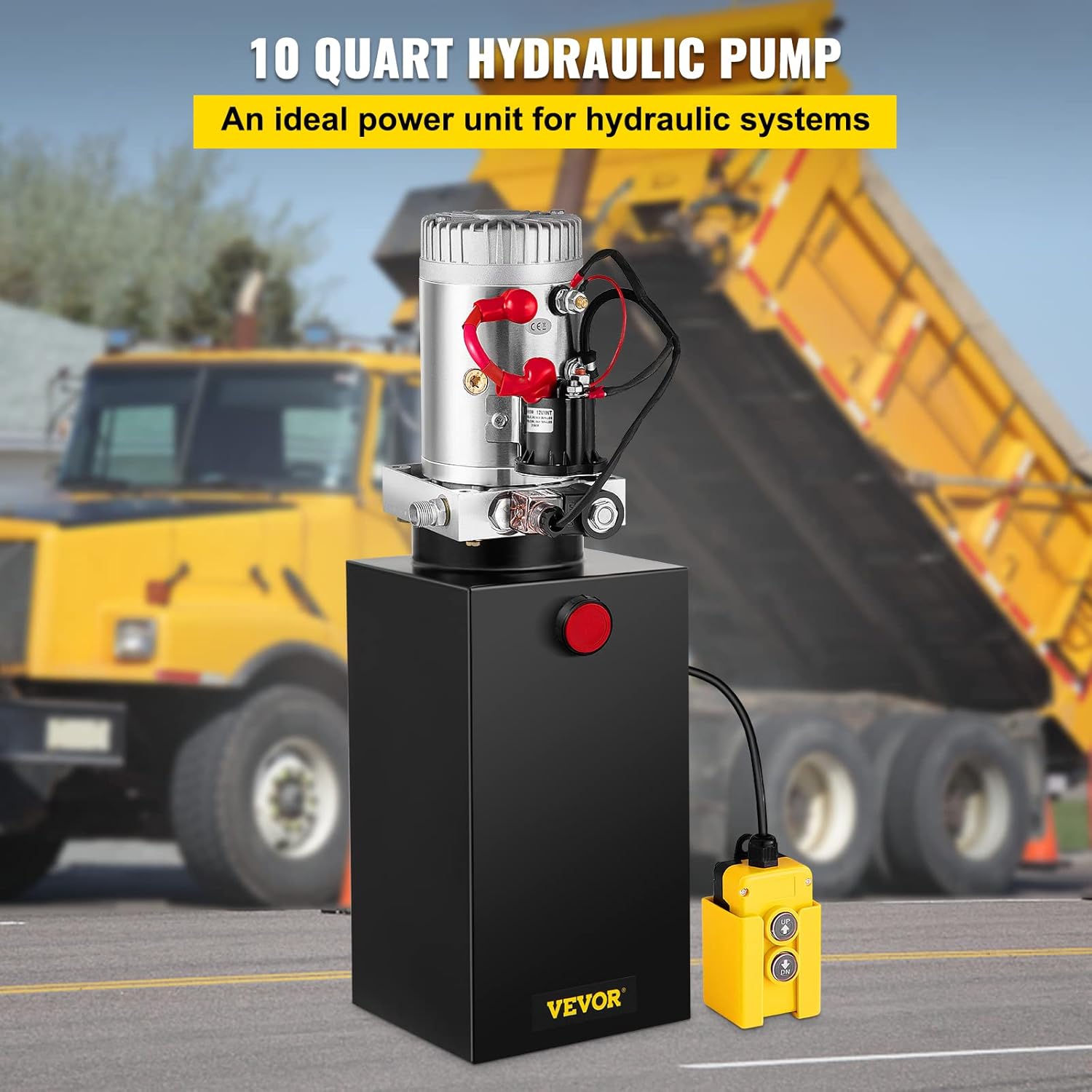 Mophorn Hydraulic Pump, 10 Quart Hydraulic Power Unit, Single Acting Hydraulic Pump, 12V DC Hydraulic Pump (Steel Reservoir, Single Acting, 3200 PSI) w/SAE#6 Connector for Dump Trailer Car Lifting