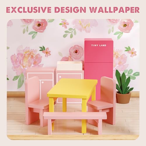 Tiny Land Wooden Dollhouse for Girls - 6 Rooms Wooden Doll House, DIY Pretend Doll House with 31Pcs Furniture Accessories, Creative Gift for Girl Ages 3+, Green