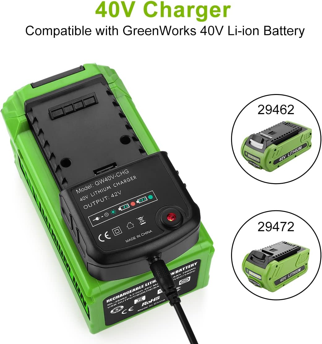 Energup 40V Replacement for Greenworks 40V Lithium Ion Battery 29472 29462 for GreenWorks 40Volt G-MAX Power Tools 29252 20202 22262 with a Greenworks 40V Battery Charger Pack of 2