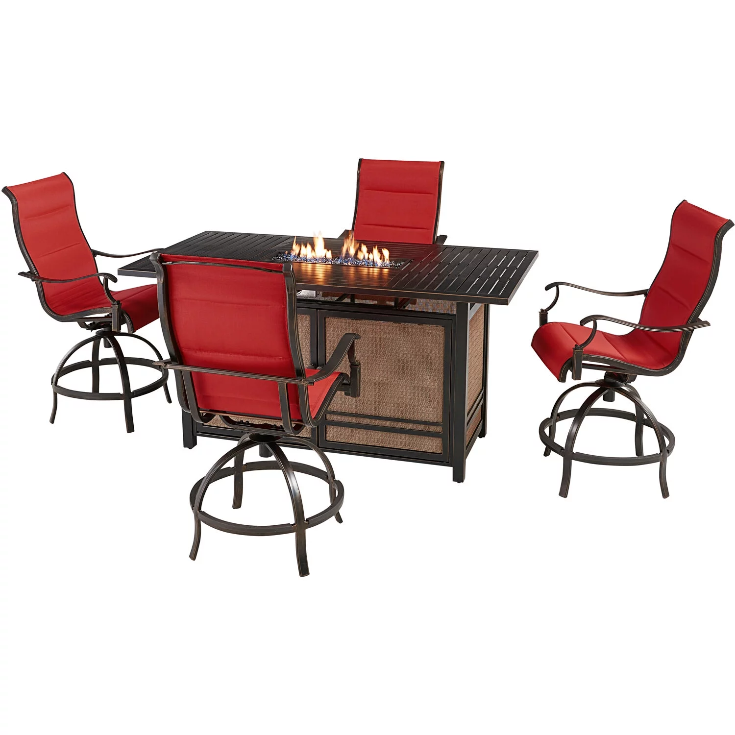 Hanover Traditions 5-Piece Outdoor High Dining Fire Patio Set, 4 Counter-Height Padded Sling Swivel Chairs and Slat-Top Gas Fire Pit Aluminum Table, Brushed Bronze Finish, Rust-Resistant, All-Weather - Curated Treasures Market