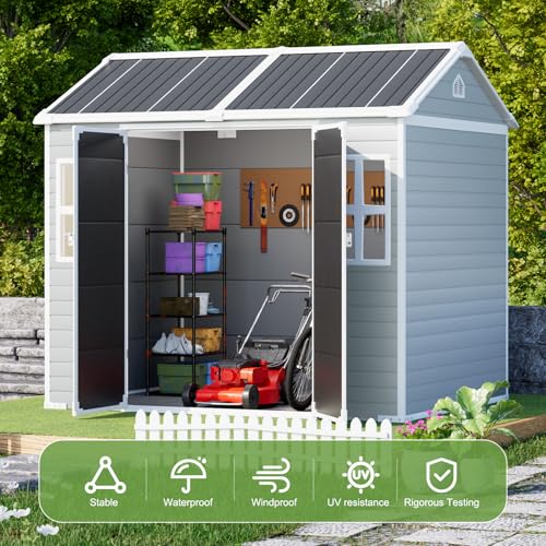 8x6x7 FT Resin Storage Shed, Waterproof Outdoor Storage Shed w/Floor, 2 Windows, Double Lockable Doors & Vents, Tool Shed for Patio Garden, Lawn, Backyard, Dove Grey