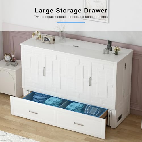 PUREMIND Queen Murphy Bed Cabinet with 2 Storage Drawers, Hideaway Murphy Chest Bed with Mattress, Cabinet Beds Wallbed with USB Charging Station for Bedroom, Guest Room