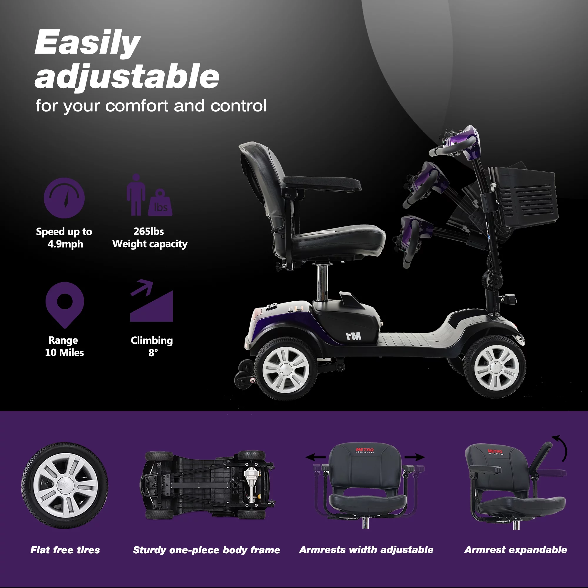 Travel Mobility Scooter, Heavy Duty Electric Scooters with 4 Anti-Tip Wheels, Compact Lightweight Mobility Scooters for Senior Adults Elderly, Foldable Mobility Scooter, Holds 300lbs, Purple