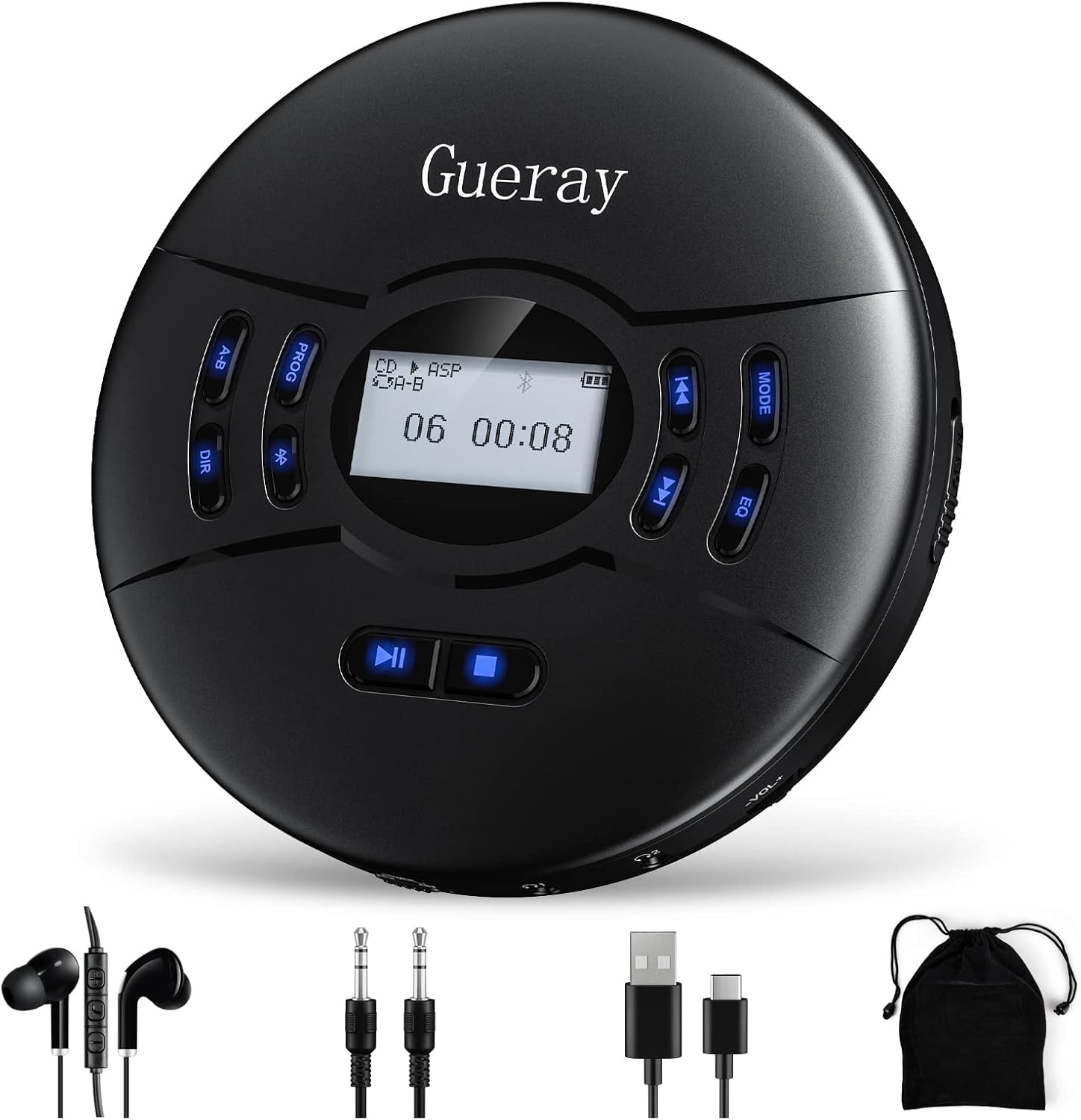 Gueray Portable CD Player with Bluetooth Rechargeable 2000mAh Battery Personal CD Player Support TF Card Memory Function Hold Switch ASP LCD Display Dual Earphone Ports with AUX Cable