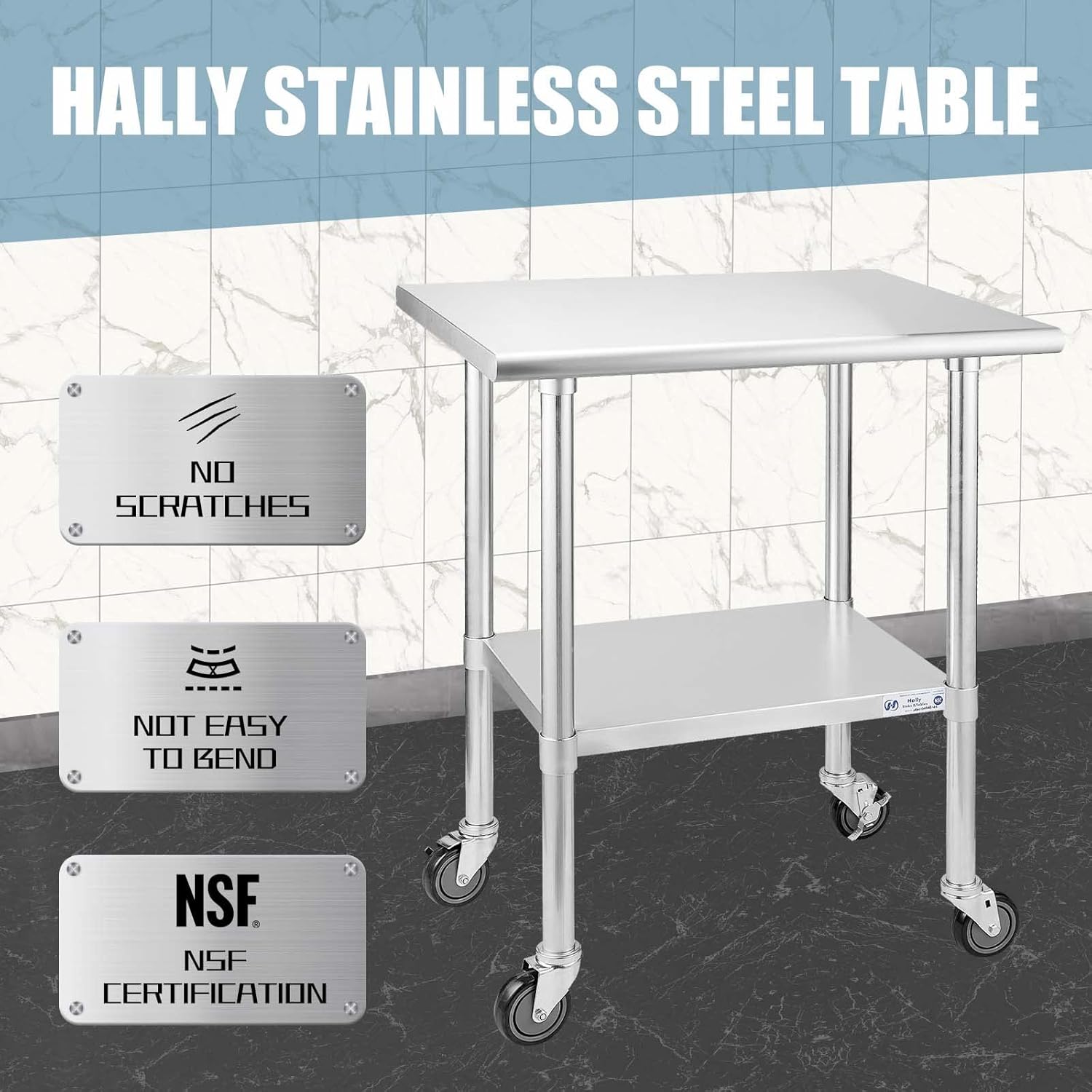 Hally Stainless Steel Table for Prep & Work 24 x 36 Inches with Caster Wheels, NSF Commercial Heavy Duty Table with Undershelf and Galvanized Legs for Restaurant, Home and Hotel