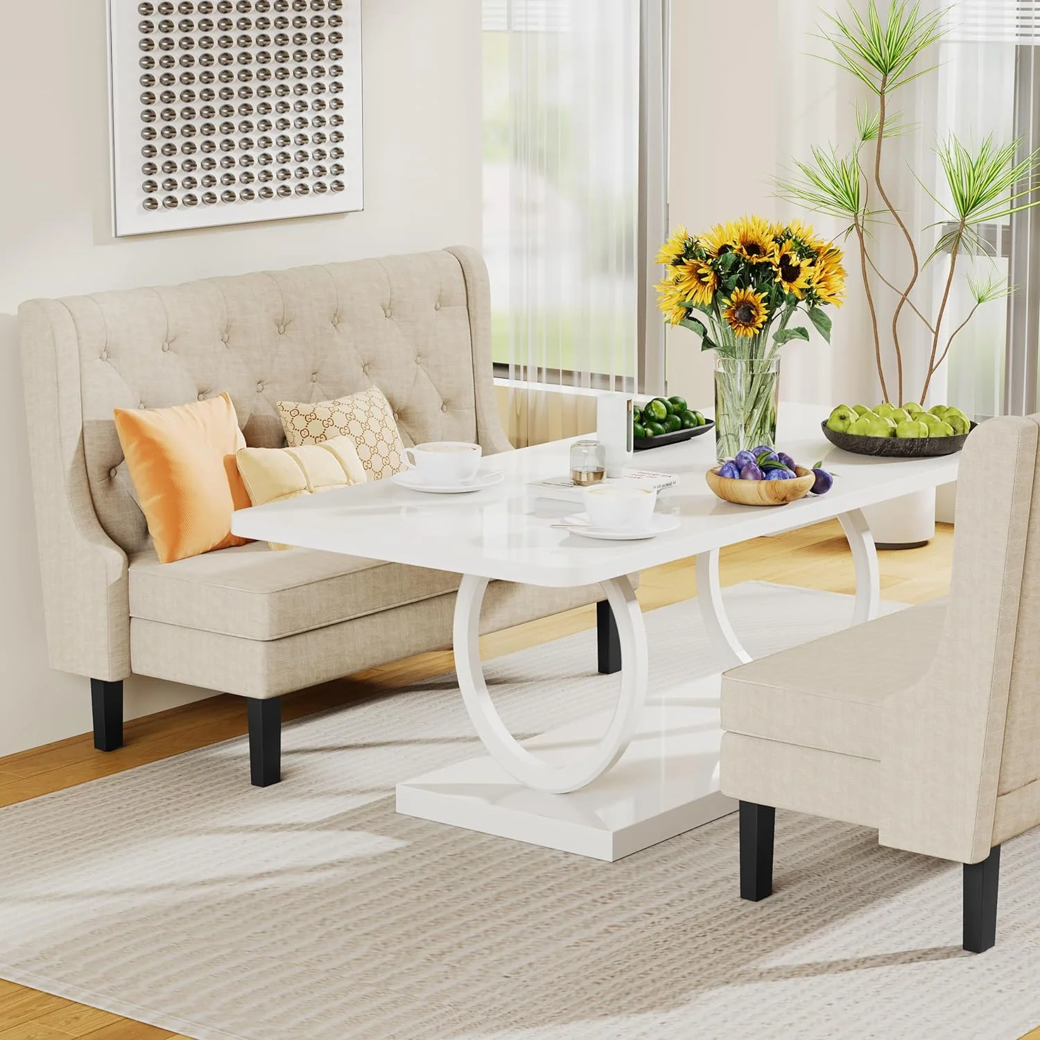 Loveseat Settee Bench with Natural Rattan Arms,Upholstered Modern High-Back Mini Sofa Couch,Banquette Dining Bench for Living Dining Room Bedroom Office Small Space Entryway,Light Grey