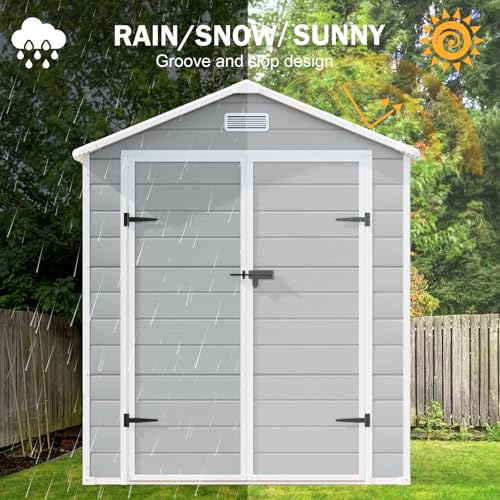 8x6x7 FT Resin Storage Shed, Waterproof Outdoor Storage Shed w/Floor, 2 Windows, Double Lockable Doors & Vents, Tool Shed for Patio Garden, Lawn, Backyard, Dove Grey