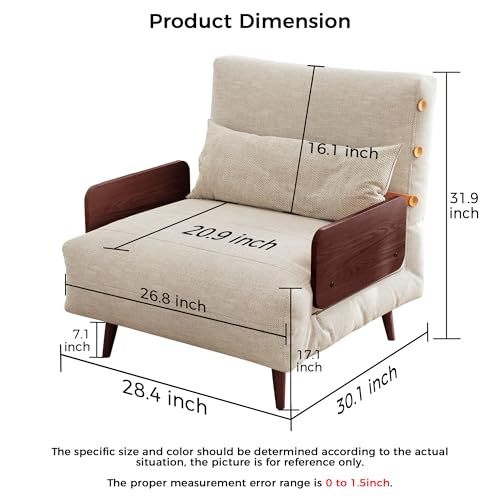 3-in-1 Convertible Chair Bed Sleeper for Adults, Linen Convertable Sleeper Chair with Wooden Arms & Pillows, Foldable Single Futon Sofa Bed (Mid Century with Walnut Arm, 36.6" Wide)