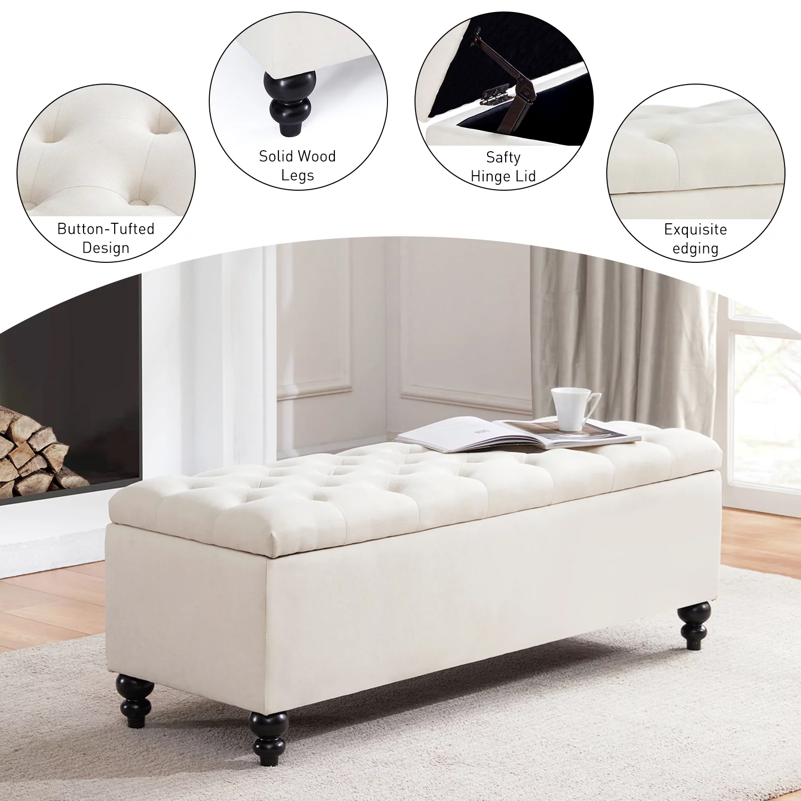 HUIMO 51" Ottoman with Storage, Large Storage Ottoman Bench with Button-Tufted, Bedroom Bench Safety Hinge Ottoman in Upholstered Fabrics, for Bedroom, Living Room,Cream